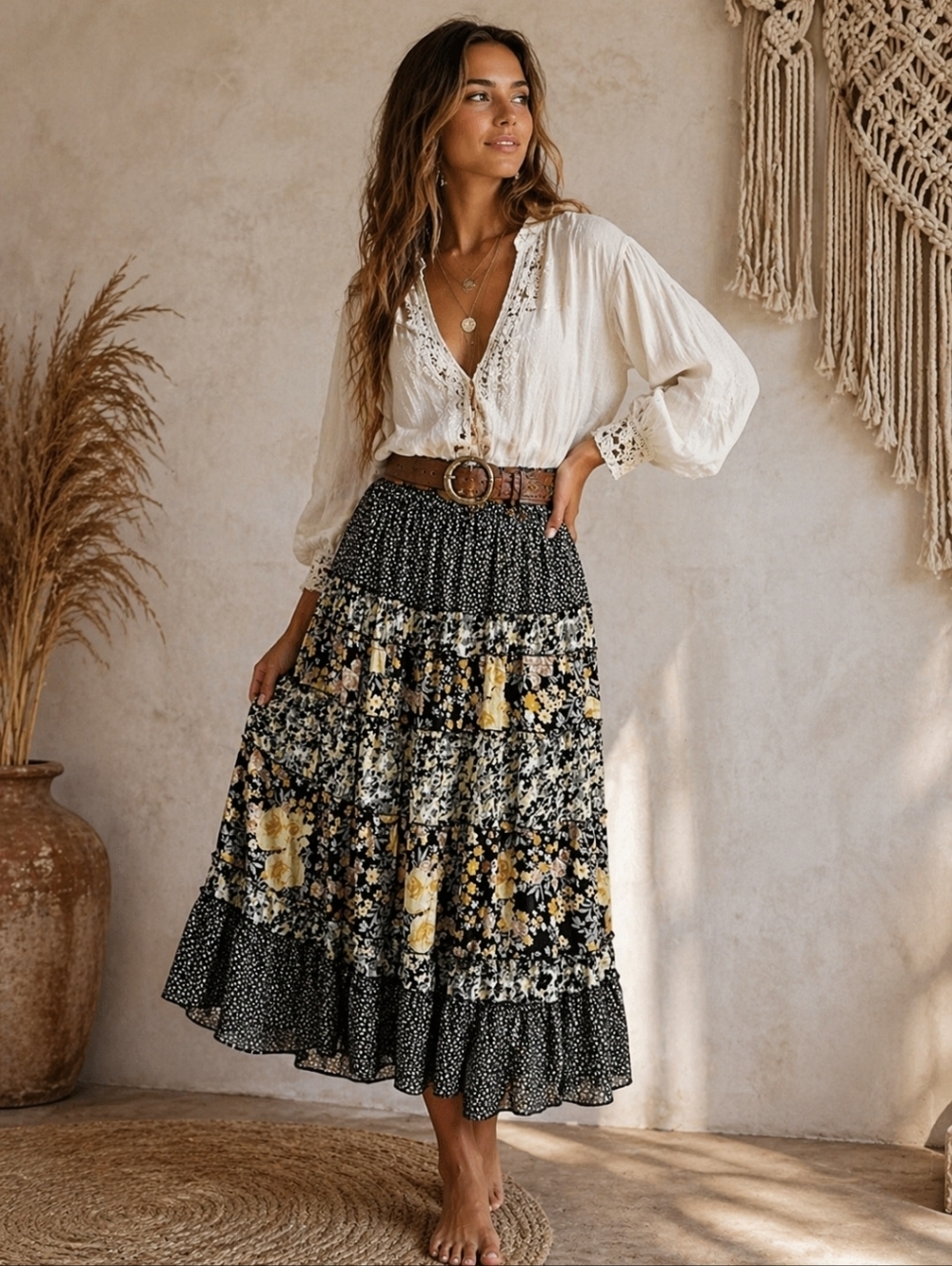 Vintage Notations Tiered Floral Maxi Skirt Size L Patchwork Boho EUC